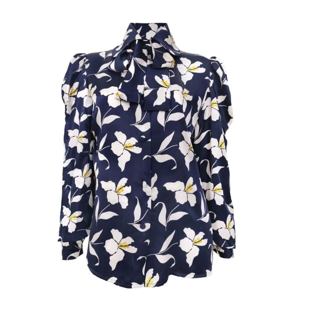 GIOVANNA NICOLAI Italian Floral Silky Satin Tie Neck Blouse Top Size 42/Medium